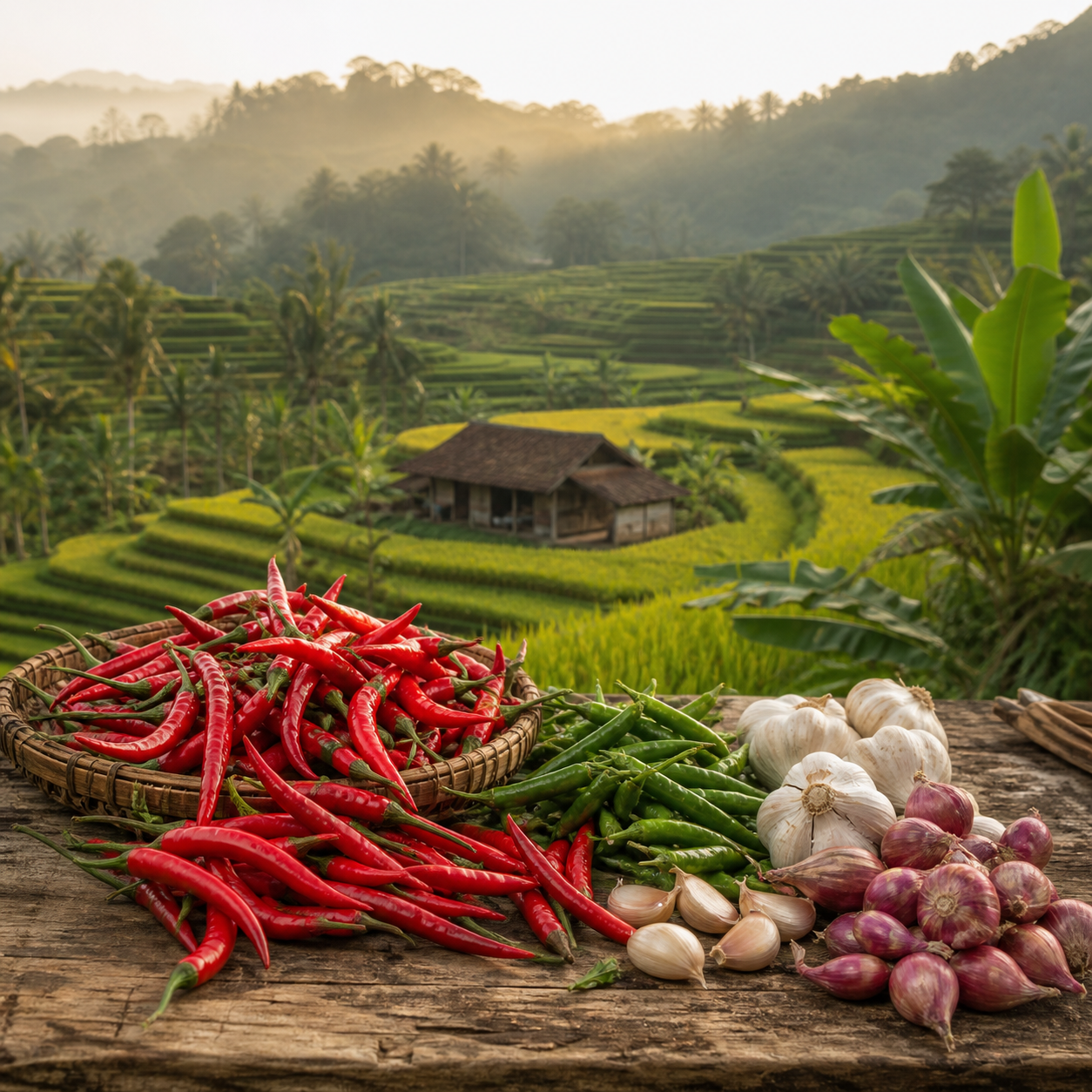 Fresh chillies, shallots and bawang putih overlooking Nusantara padi terraces